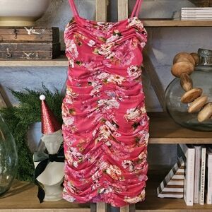 L’AGENCE Karly Ruched Floral Mesh Mini Dress Cabaret Pink XS NWOT